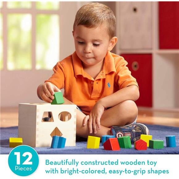 Melissa & Doug Shape Sorting Cube - Classic Wooden Toy With 12 Shapes - Picture 2 of 7
